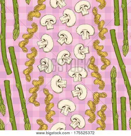 Seamless Vector Pattern with Champignon Mushroom Slice on a Pink Plaid Background