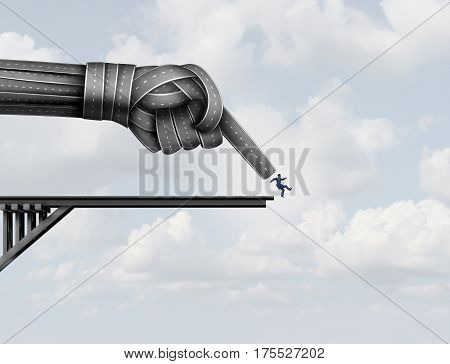 Pushed off the end of a road by a group of streets shaped as a pointing hand pushing a businessman down as a business metaphor for being squeezed and pressured with 3D illustration elements.