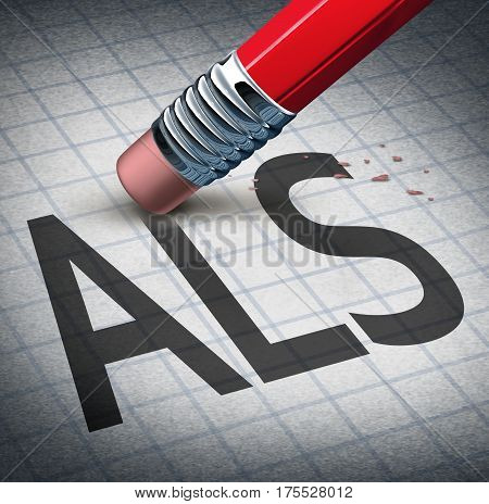 Amyotrophic laterals sclerosis or ALS as a neurodegenerative disease therapy and cure concept as a pencil eraser erasing the ailment as a metaphor for hope as a 3D illustration.