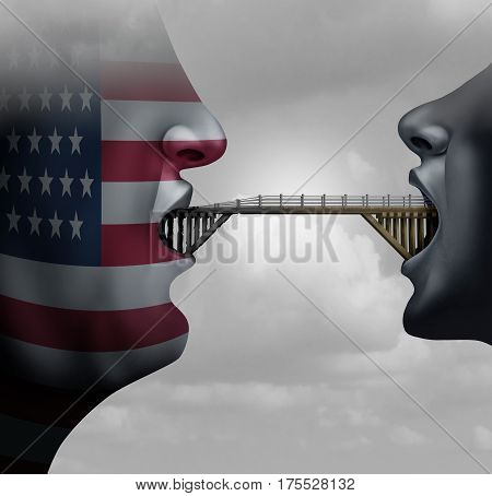 American immigration ban concept showing America with a closed mouth blocking a bridge as a traveling restriction metaphor for Washington travel and United States migration policy with 3D illustration elements.