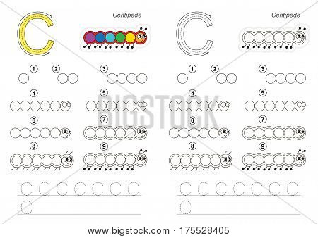 Vector illustrated alphabet with kid educational game to learn handwriting with easy gaming level for preschool kids, the drawing tutorial for letter C. Caterpillar.