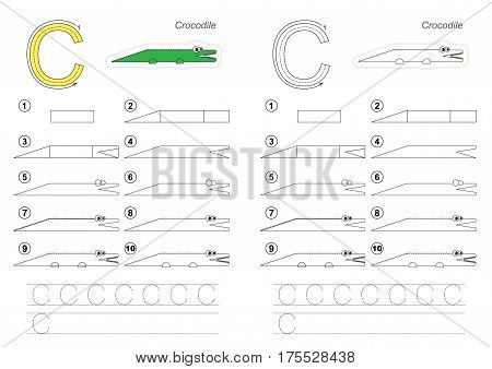 Vector illustrated alphabet with kid educational game to learn handwriting with easy gaming level for preschool kids, the drawing tutorial for letter C. Crocodile.