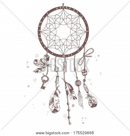 Hand drawn vector Native American Indian talisman dreamcatcher with bird's feathers and beads. Ethnic design, boho chic, tribal symbol. Isolated illustration.