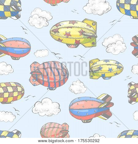 Hand drawn vector vintage seamless pattern with cute little airchips with strips, stars, dots and squares in the sky. Zeppelin, birds and clouds.