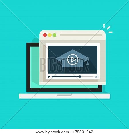 Online educational webinar vector illustration, flat style laptop with video player showing learning information, distance education, e-learning or study concept