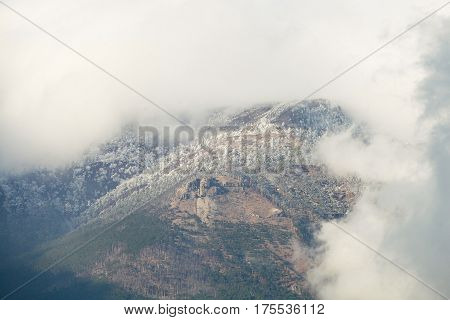 Atmospheric Clouds Of Fog Cover The Top Of The Mountain. Crimea. Yalta. Ay Petrinskaya Yaila.