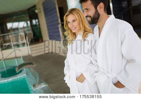 Happy Couple Relaxing At Wellness Spa Center