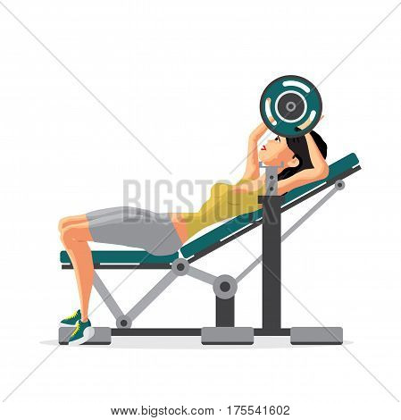 Young woman with barbell flexing muscles in gym. Flat cartoon isolated vector illustration