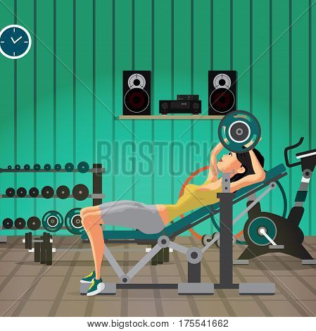 Young woman with barbell flexing muscles in gym. Flat cartoon vector illustration