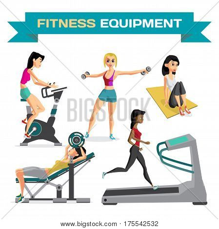Set of women engaged in exercise in the gym. Vector flat cartoon illustration isolated on a white background