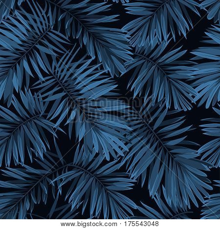 Indigo seamless pattern with monstera palm leaves on dark background. Summer tropical camouflage fabric design. Vector illustration.