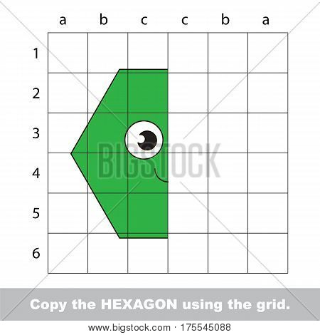Finish the simmetry picture using grid sells, vector kid educational game for preschool kids, the drawing tutorial with easy gaming level for half of Green Hexagon