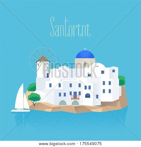 Santorini island vector illustration. Design element with white and blue traditional Santorini houses and church