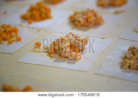 Preparation Of Manti On A Kitchen Wooden Board. Traditional Asian Dumplings
