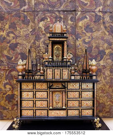 ZAGREB, CROATIA - FEBRUARY 17: Commode from the end of the 18th century, walnut veneer, marquetry, gilded bronze, exhibited in Museum of Arts and Crafts, Zagreb, on February 17, 2015.