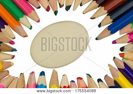 Colored pencils with a round eraser in the middle