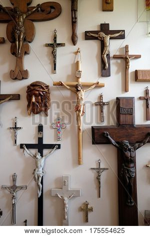VUGROVEC, CROATIA - OCTOBER 02: Collection of crosses in the Rectory of Saint Francis Xavier in Vugrovec, Croatia on October 02, 2015.