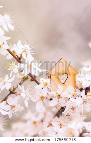 Wooden House With Hole In Form Of Heart Surrounded By Flowering Branches Of Spring Trees