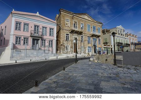 ERMOUPOLI, GREECE - JANUARY 09, 2017: Street of Ermoupoli town on Syros island in Greece on January 09, 2017.