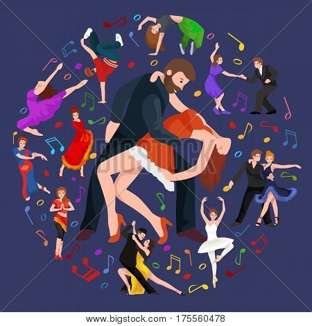 Vector illustration of couple dancing modern dance, Partners dance bachata, Dancing style design concept set, traditional dance flat icon isolated vector illustration, Man and woman ballroom dancing.