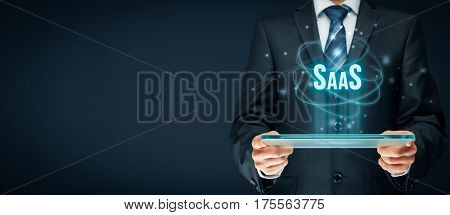 Software as a Service (SaaS on-demand software) concept. Modern information technology business model where software is licensed on a subscription basis.