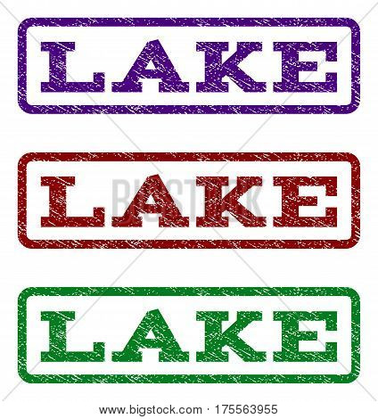 Lake watermark stamp. Text tag inside rounded rectangle frame with grunge design style. Vector variants are indigo blue, red, green ink colors. Rubber seal stamp with scratched texture.