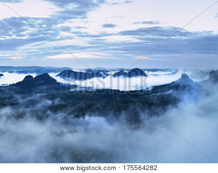 Blue  Mist In Mountains. Summer Forest After Heavy Rainy Night