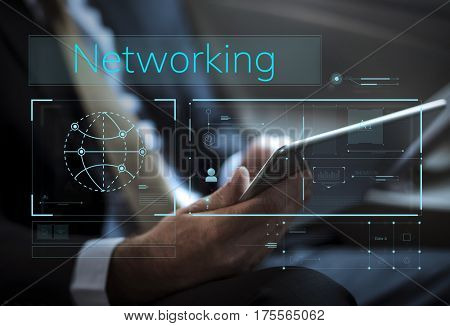 Businessman connected with global communications network