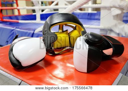 Boxing gloves and helmet