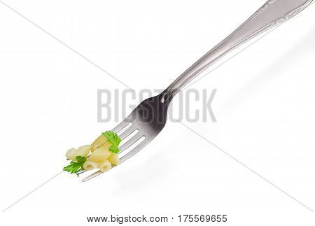 Cooked short curved macaroni and small parsley twig on the stainless steel fork closeup on a light background