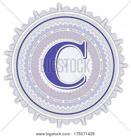 Vector Guilloche Pattern Rosette and border with letter C. Monetary banknote background print. Abstract guilloche letter design.