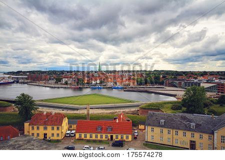 Top panoramic view of seaport of Helsingor city and Saint Olaf church from Cronborg castle Denmark