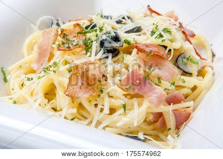 Pasta With Creamy Sauce And Fried Bacon