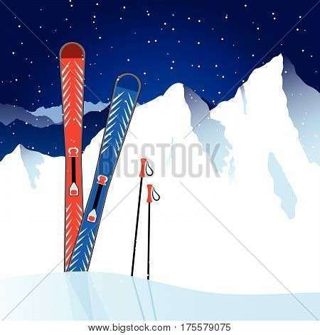 Skis and ski poles in the snow on mountain background.Vector illustration.