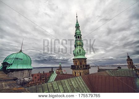 Top view from Kronborg castle to harbor and Helsingor city beyond Denmark