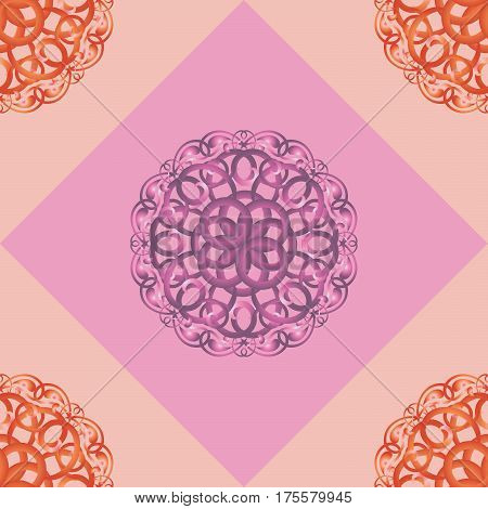 Seamless pattern with red and purple ornamental decor. Endless Texture. Oriental Geometric Ornament on pink background