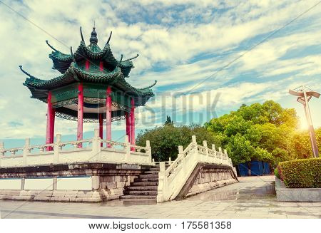 Blue sky background of the ancient Chinese architecture Hubei Yichang