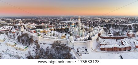 Panoramic Aerial View On Trinity St. Sergy Monastery At Winter
