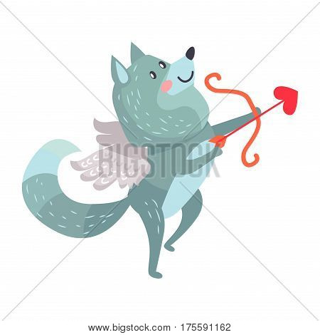Wolf with amoretto wings with bow and arrows isolated on white. Timber wolf lover flying like Cupid. Cute cartoon animal post card design. Valentines day concept vector illustration in flat style