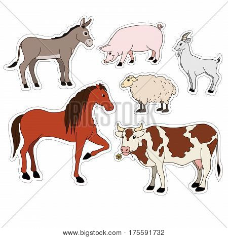 farm animals cartoon set, vector stickers with domestic livestock, pet