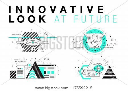 Trendy Innovation systems layouts in polygonal contour line composition, future analysis and technology operations. Made in awesome geometry style with linear pictogram of future for web design.