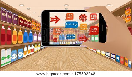 Augmented reality application for retail business concept.Augmented Reality on smartphone. Applications that scan in supermarket discount products sale alert low callories.