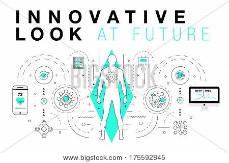 Trendy Innovation systems layouts in polygonal contour line composition, future analysis and technology operations. Made in awesome geometry style with linear pictogram of future for web design.