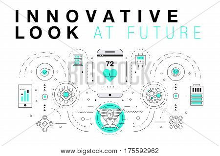 Trendy Innovation systems layouts in polygonal contour line composition, future analysis and technology operations. Made in awesome geometry style with linear pictogram of future for web design.