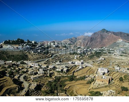 Aerial view to Hajjah city and Haraz mountain Yemen