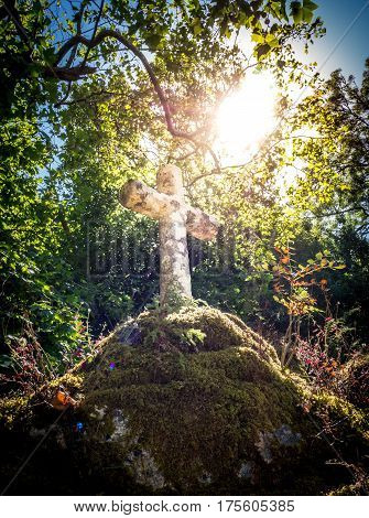Sun illuminating a Franciscan stone cross in forest