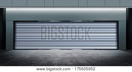 modern closed garage on street of city at night time