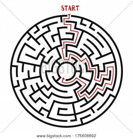 Circle Maze with Solution. Labyrinth with Entry and Exit. Find the Way Out Concept. Vector Illustration.