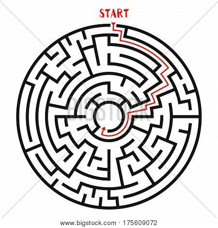 Circle Maze with Solution. Labyrinth with Entry and Exit. Find the Way Out Concept. Vector Illustration.