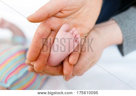 Father or mother holding foot of newborn baby. Adult hand and baby tiny baby feet. Happy parenthood, carefree childhood, family, love, tenderness.
